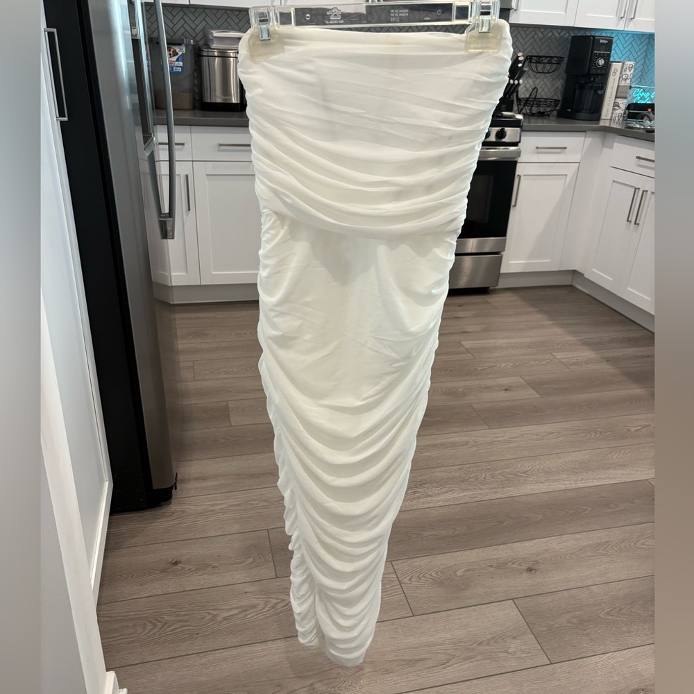 Club L London Nylah White Ruched Corset Bodycon Midi Dress